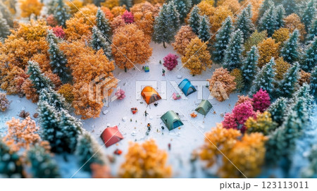 A scenic winter camping site nestled among colorful autumn trees and snowy ground. Experience the beauty of nature in a vibrant setting. Generative AI 123113011