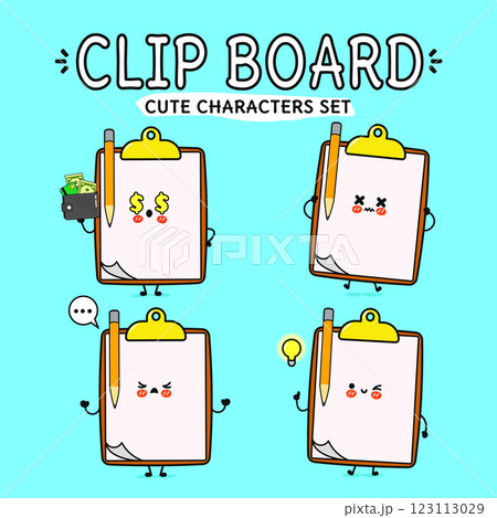 Cute characters set with Clipboards showcasing different emotions and actions on a light blue background 123113029