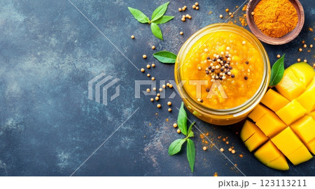 Mango pickle sits in a jar, surrounded by scattered spices, mustard seeds, and fresh mango pieces 123113211