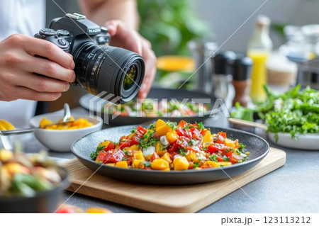 A food blogger captures a vibrant mango pickle on a wooden board with a pro camera in natural light 123113212