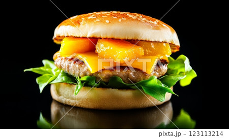 Juicy beef burger with tangy mango pickle and lettuce merges traditional and modern flavors 123113214