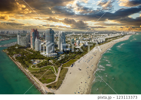 Panoramic view of Miami Beach urban landscape. South Beach high luxurious hotels and apartment buildings. Travel destination in the USA Panoramic view of Miami Beach urban landscape. South Beach high luxurious hotels and apartment buildings. Travel destination in the USA 123113373