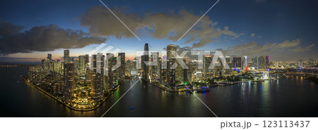 Night urban landscape of downtown district of Miami Brickell in Florida, USA. Skyline with brightly illuminated high skyscraper buildings in modern american megapolis 123113437