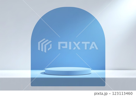 3d blue podium in white empty room with table. Background studio scene with platform for product presentation 3d blue podium in white empty room with table. Background studio scene with platform for product presentation 123113460
