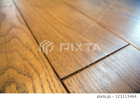 Natural light brown wooden parquet floor boards. Sunny soft yellow texture, copy space perspective background. 123113464