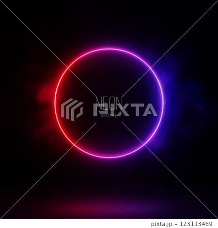 Neon Red Blue Purple gradient circle with smoke on dark background. 3D render abstract light vector illustration. 123113469