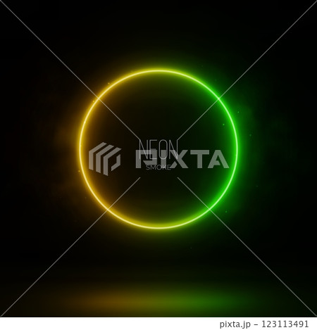 Neon Green Yellow gradient circle with smoke on dark background. 3D render abstract light vector illustration. Neon Green Yellow gradient circle with smoke on dark background. 3D render abstract light vector illustration. 123113491