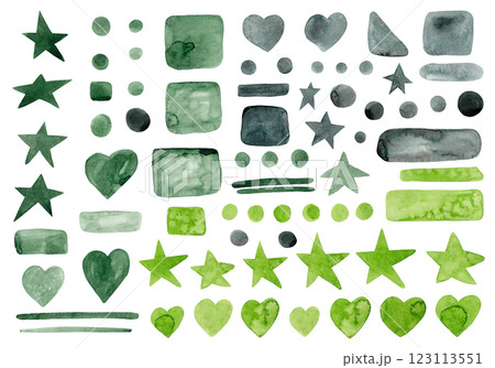 Abstract isolated shapes. Green watercolors. Colorful elements: shapes, lines, dots, hearts, stars, brush strokes. Large set. Hand drawn. Great design for any purpose 123113551