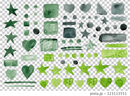 Abstract isolated shapes. Green watercolors. Colorful elements: shapes, lines, dots, hearts, stars, brush strokes. Large set. Hand drawn. Great design for any purpose 123113551
