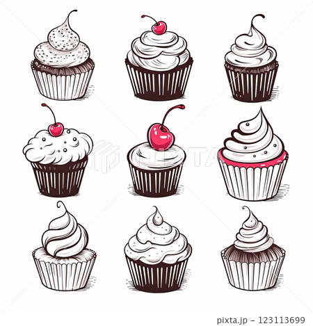 Nine detailed illustrations of chocolate and vanilla frosted cupcakes with various toppings. Nine detailed illustrations of chocolate and vanilla frosted cupcakes with various toppings. 123113699
