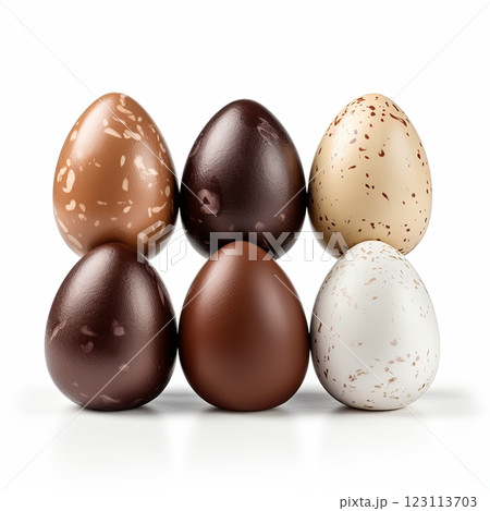 Assorted Luxury Chocolate Easter Eggs in Vibrant Colors and Unique Designs on Clean White Background 123113703
