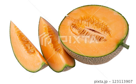 Orange melon or cantaloupe melon with seeds isolated on white background Orange melon or cantaloupe melon with seeds isolated on white background 123113907