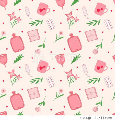 Seamless pattern of feminine hygiene products and floral elements 123113966