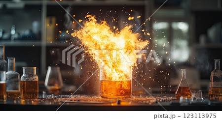 Explosive Chemical Experiment with Beaker Eruption in Laboratory 123113975