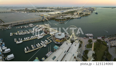 Miami marina bay with luxury sailboats. Expensive yachts and motorboats docked in Biscayne Bay harbor in Brickell downtown 123114060