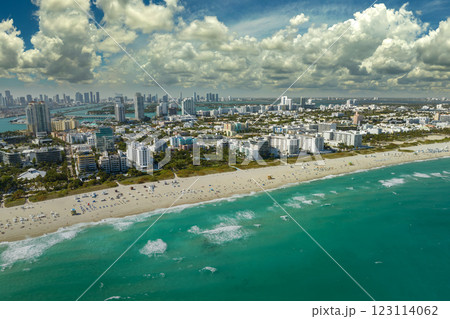 Miami Beach is popular vacation spot in southern Florida. Sandy beach surface and tourist infrastructure Miami Beach is popular vacation spot in southern Florida. Sandy beach surface and tourist infrastructure 123114062