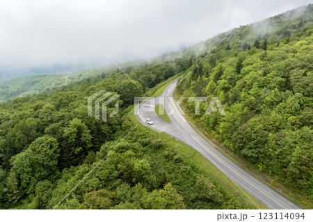 Landscape of beautiful nature. Blue Ridge Parkway road trip. Overlook parking place in Appalachian mountains landscape. Driving car exploration travel in summer forest in North Carolina 123114094