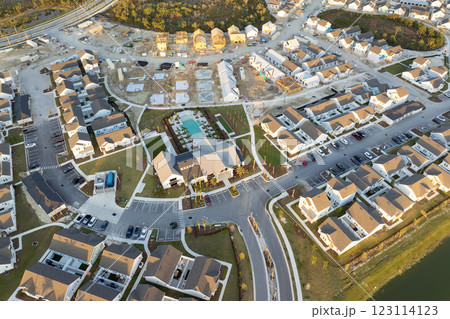 Houses under construction in American suburbs. Development of residential housing. Real estate market in the USA Houses under construction in American suburbs. Development of residential housing. Real estate market in the USA 123114123