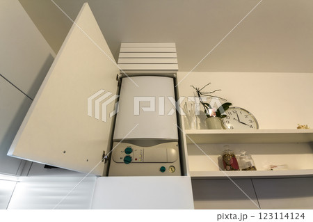 Home gas water heater boiler in kitchen furniture for apartment of home heating. Home gas water heater boiler in kitchen furniture for apartment of home heating. 123114124