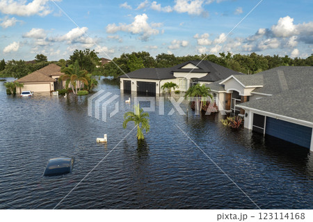 Flooded residential area with underwater cars and houses from hurricane Debby rainfall water in Laurel Meadows community in Sarasota, Florida. Aftermath of natural disaster in southern USA Flooded residential area with underwater cars and houses from hurricane Debby rainfall water in Laurel Meadows community in Sarasota, Florida. Aftermath of natural disaster in southern USA 123114168