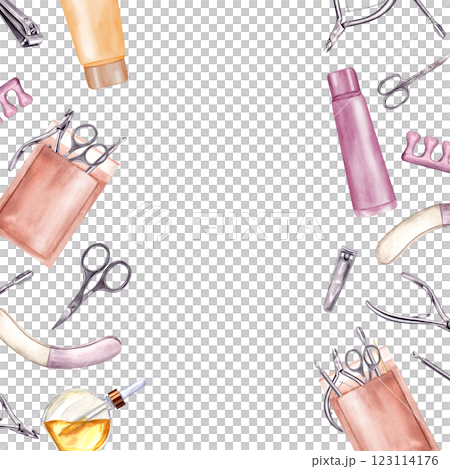 Watercolor manicure tools border isolated background. Hand cream, cosmetic oil, metallic cuticle trimmer, cuticle nipper, nail clippers and scissors frame with empty space for text. For beauty salon 123114176