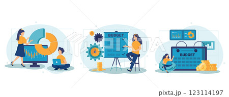 Analyzing budget concept isolated person situations. Collection of scenes with people do financial accounting, calculate statistics, earnings increase. Mega set. Vector illustration in flat design 123114197
