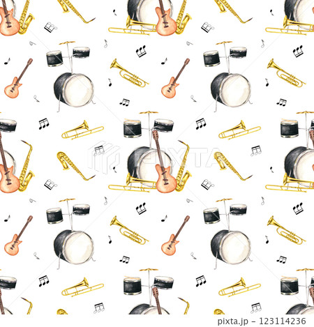 Watercolor drum kit, electric guitar, saxophone, trombone among black musical notes seamless pattern isolated background. Musical percussion, string and wind instruments illustration for jazz festival Watercolor drum kit, electric guitar, saxophone, trombone among black musical notes seamless pattern isolated background. Musical percussion, string and wind instruments illustration for jazz festival 123114236