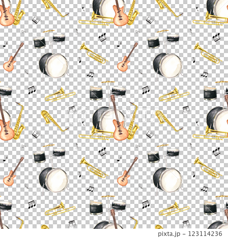 Watercolor drum kit, electric guitar, saxophone, trombone among black musical notes seamless pattern isolated background. Musical percussion, string and wind instruments illustration for jazz festival Watercolor drum kit, electric guitar, saxophone, trombone among black musical notes seamless pattern isolated background. Musical percussion, string and wind instruments illustration for jazz festival 123114236