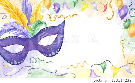 Carnival mask with colored bird feathers, flag streamers, ribbons, balloons frame on watercolor stain background. Mardi Gras, Brazilian, Venetian masquerade illustration with copy space for text Carnival mask with colored bird feathers, flag streamers, ribbons, balloons frame on watercolor stain background. Mardi Gras, Brazilian, Venetian masquerade illustration with copy space for text 123114238