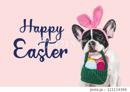 Happy Easter. Cute puppy and congratulatory inscription 123114366