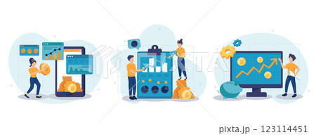 Business growth isolated set in flat design. People analyze data, success strategy, increase income collection of scenes. Vector illustration for blogging, website, mobile app, promotional materials. 123114451