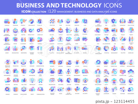 Business, data analysis, organization management and technology icon set. Teamwork, strategy, planning, marketing, cloud technology, data analysis, employee icon set. Icons vector collection Business, data analysis, organization management and technology icon set. Teamwork, strategy, planning, marketing, cloud technology, data analysis, employee icon set. Icons vector collection 123114455