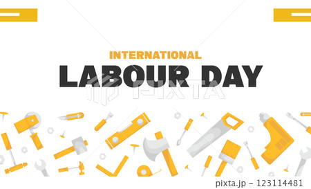 International Labour Day. Workers and construction tools for repair. Repairman. Poster, banner, booklet. 123114481
