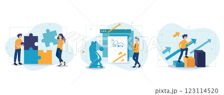 Business strategy illustration set. Characters assembling jigsaw puzzle, moving chess figure, demonstrating financial growth. Strategy, planning and success concept. Vector illustration. 123114520