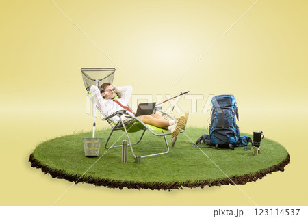 Collage. Businessman reclining in chair with hands behind head, relaxed next to fishing rod, laptop, and camping gear against gradient background. 123114537