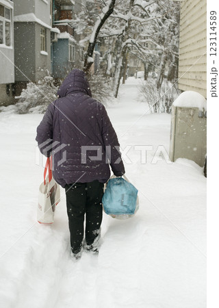 Woman Carrying Groceries Through Snowy Street in Winter Woman Carrying Groceries Through Snowy Street in Winter 123114589