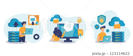Cloud computing isolated set. Secure connection, storage and cloud technology. People collection of scenes in flat design. Vector illustration for blogging, website, mobile app, promotional materials 123114622