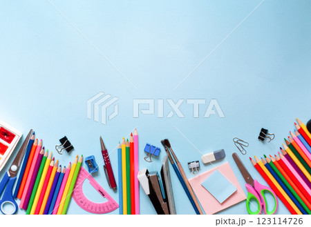 Stationery set on a blue background. Back-to-School Concept, A Place for Text 123114726