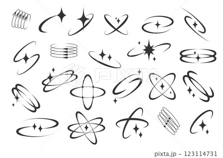 Futuristic spin and sparkle graphic elements. Collection of Y2K inspired orbital elements with sparkling details 123114731