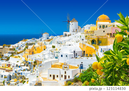 View of Oia the most beautiful village of Santorini island in Greece. 123114830