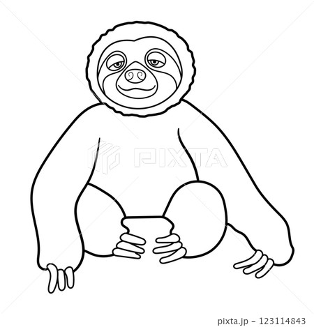 Cute Sitting Sloth Outline  Vector Illustration. A charming black-and-white line art illustration of a sloth sitting in a relaxed position. The sloth has a gentle, content facial expression. 123114843