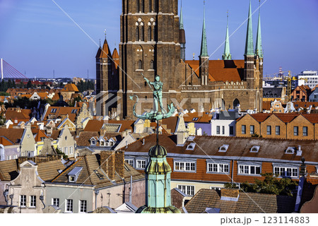 Cityscape aerial view on the old town with saint Marys church on the sunset in Gdansk, Poland 123114883
