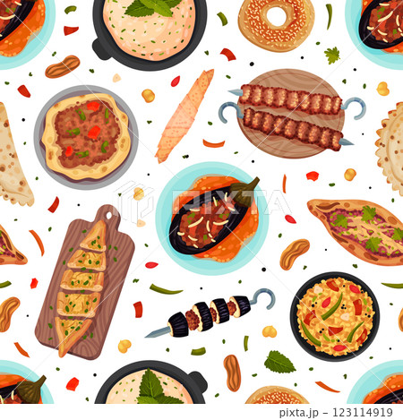 Turkish Food and Dish Seamless Pattern Design Vector Template 123114919