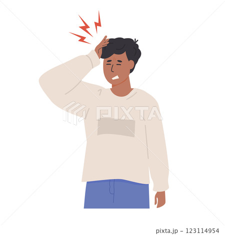 Teenage boy suffering from headache. Young man holding his head in pain. Flat Style Vector Illustration. Teenage boy suffering from headache. Young man holding his head in pain. Flat Style Vector Illustration. 123114954