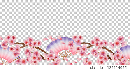 Horizontal frame of folding fan, branches with sakura flowers isolated on white background. Seamless border. Spring blooming cherry blossom flowers for Hanami. Watercolor template for textile, banner. 123114955