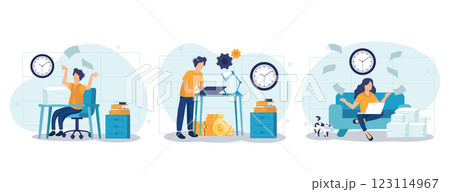 Deadline scenes bundle with people characters. Tired employees hurrying up on deadline at workplace, stressful situation and overtime work. Time management and effectivity flat vector illustration. 123114967