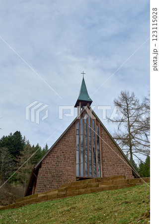 Scenic Countryside Landscape with a Small Brick Chapel and Traditional Houses in a Green Valley of the Black Forest, Germany 123115028
