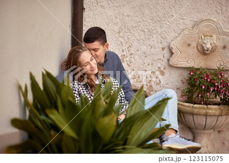 Young Cute Female Hugs Boyfriend. In Autumn Outdoor. Lovers Walking in Park. Attractive Funny Couple. Lovestory in Forest. Man and Woman. Cute Lovers in the Park. Family Concept. Happy Couple. 123115075