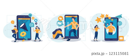 Digital content abstract concept vector illustration set. Social media news and tips, internet criticism, influencer, personal blog, hate speech, comments and share, fake profile abstract metaphor. 123115081