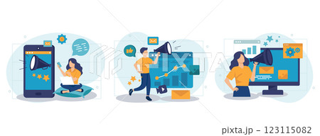 Digital marketing and advertising set. People attraction new clients and online promotion, collection of scenes. Vector illustration for blogging, website, mobile app, promotional materials 123115082